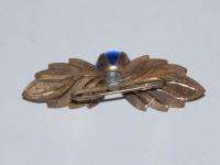 Vintage Brass Leafs Cobalt Blue Glass Bead Pin #5176  