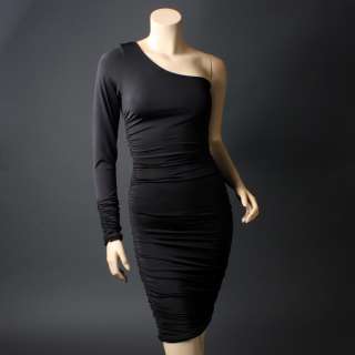   Womens Off Shoulder Side Ruched One Long Sleeve Evening Clubwear Dress