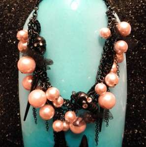   Johnson PINK PEARL TWO SIDED BLACK CRYSTAL SKULL SPIKE NECKLACE  