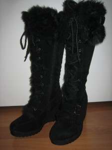 Black High Heel Fuzzy Suede Fur Adjustable Boot ALL Sz  