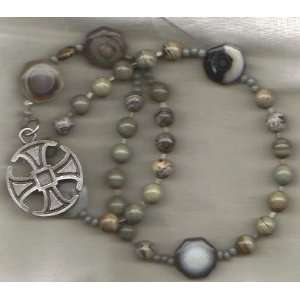 Anglican Rosary Made of Silver Leaf Jasper, Canterbury Cross