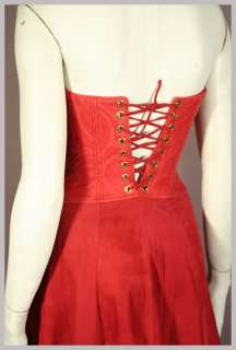 Vintage 80s Red Leather & Suede Strapless Corset Back Dress S  