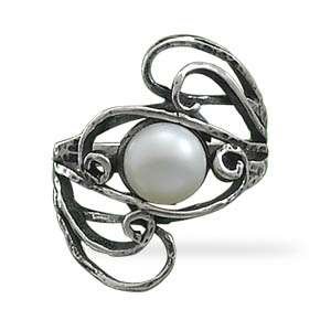 Sterling Silver Sculpted Wire Wide Pearl Ring Sizes 6 9  