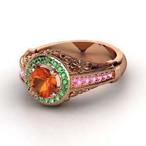   Ring, Round Fire Opal 14K Rose Gold Ring with Emerald & Pink Sapphire