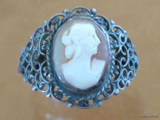 ANTIQUE 925 STERLING SILVER FILIGREE CARVED SHELL CAMEO RING  