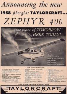   AIRCRAFT 1958 ZEPHYR 400 ALL FIBERGLAS AIRPLANE AD  