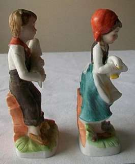 pr Boy Girl Ceramic Figurine w/Dog & Duck  