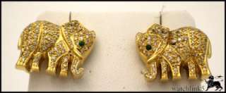18k Yellow Gold, Diamond and Emerald Elephant Earrings  