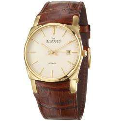   Mens Leather Goldplated Steel Automatic Watch  