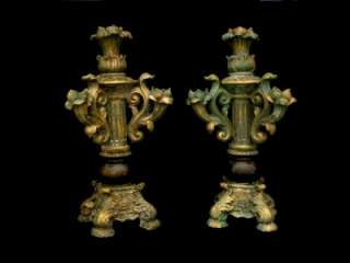 Pair of Baroque Wood Candelabra Ornate Candlesticks  