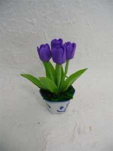 Handmade Miniature Dollhouse Clay Tulips In Ceramic Pot  