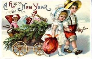 NEW YEAR CHILDREN PULLING A WAGON FULL OF TOYS, 1911  