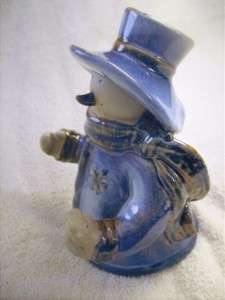 Blue Ceramic Snowman Figurine Holding Bird 6.5 Tall  