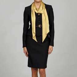 Anne Klein Womens 3 button Flannel Twill Skirt Suit with Gold Scarf 