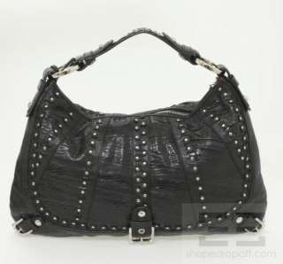 Isabella Fiore Black Embossed Ruched Leather & Silver Studded Hobo Bag 