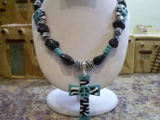 COWGIRL WESTERN BLUE TURQUOISE ZEBRA CROSS NECKLACE  