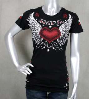 AFFLICTION Sinful womens ELVIRA baby T shirt crystals WINGS heart 