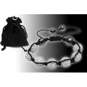 Shamballa Bracelet, 7 Big White Swarovski Crystal 2 Black Onyx Beads 