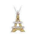18k Gold and Silver Yellow Diamond Accent Eiffel Tower Necklace