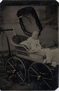   Tintype Photo, Really Cute Chubby Face Baby Sitting in an Ornate Buggy