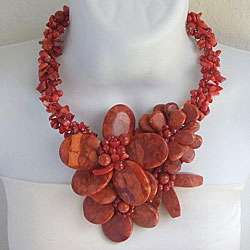 Sterling Silver Reconstituted Red Coral Flower Garland Necklace 