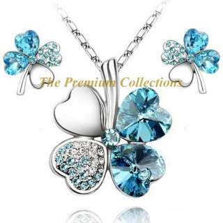 Swarovski Crystal Clover Necklace Earring SET Lake Blue  