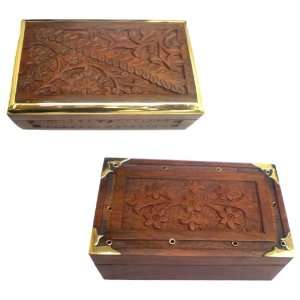 2 Pieces Wood Jewelry Boxes Leaf Carvings Brass Engraved 