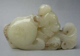 Old Chinese White Jade Carved Baby on Fish Statue  