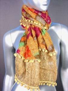   Multicolor Floral Print Crochet Knit Weave Pom Poms Fashion Scarf