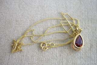 9ct Gold Genuine Pear Cut Faceted Garnet Pendant & Chain  