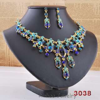 Free E28933 gold plated womens costume blue Necklace Earring 1set 