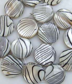 White Stripe Shell 20mm Flat Round Beads 15  