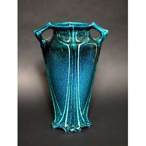  Nouveau Vase with a Rich Greenish Blue Feathered Glaze