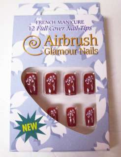 Airbrush Glamour RED finger nails w/ White Art Design  