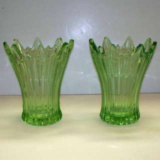 Radium VASELINE GLASS Green VASES Vintage URANIUM Ribbed Ruffles 