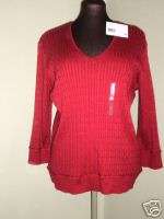 LIZ CLAIBORNE RED V NECK CABLE SWEATER SIZE 1X  NWT  