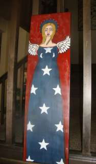 FOLK ART* Tall Patriotic Flag Primitive AMERICANA ANGEL  