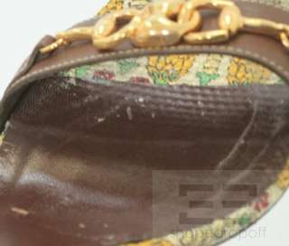 Gucci Cream & Yellow Pine Cone Fabric & Brown Leather Open Toe Heels 