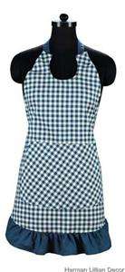 Blue and White Gingham Check Ruffled Apron 100% Cotton Victorian 
