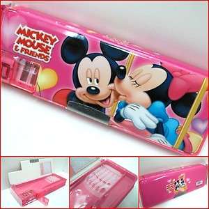 Disney Mickey Minnie Mouse Pencil Case Box 2 Sides w Sharpener Pink 