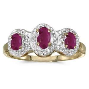 14k Yellow Gold July Birthstone Oval Ruby And Diamond Three Stone Ring