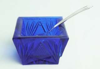 Cobalt Blue Glass Square Salt Dip with Spoon  