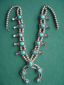   SILVER NAVAJO SQUASH BLOSSOM NECKLACE TURQUOISE OLD PAWN  