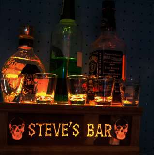  SHOT GLASS DISPLAY / LIGHTED TOP & PERSONALIZED SKULL BAR SIGN  