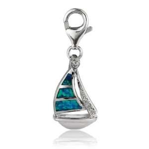  Sterling Silver Enamel & Crystal clip on sail boat charm 
