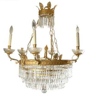 Antique Empire Style Gilt Bronze and Crystal Chandelier  