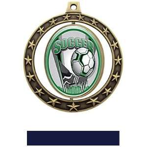 Soccer Spinner Medals Prosport M 7701 GOLD MEDAL/NAVY RIBBON 2.75 