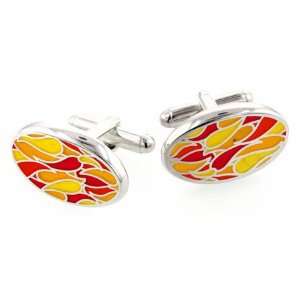 Truly unusual, silver plated elipse shaped cufflinks with red, orange 