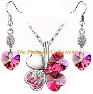Swarovski Crystal Clover Necklace Earrings Set Pink  
