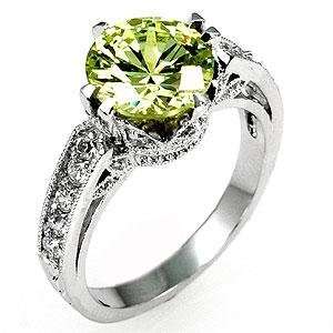 Rhodium Plated Ring with Round Cut Peridot and Round Cut Clear CZ in 